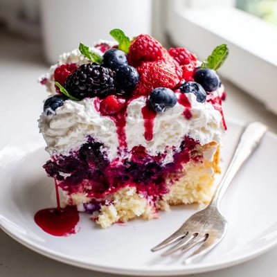 Moist Summer Berry Poke Cake drizzled with vibrant berry sauce in a glass baking dish