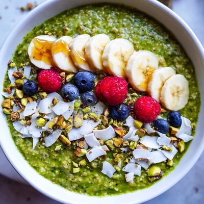 Vibrant green matcha overnight oats in a jar drizzled with golden honey