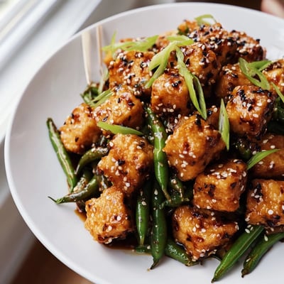 Vibrant vegan black pepper tofu dinner with tender green beans and scallions