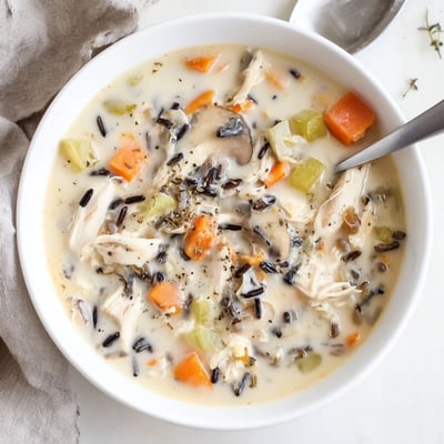 Hearty creamy slow cooker chicken mushroom wild rice soup ladled into a rustic bowl