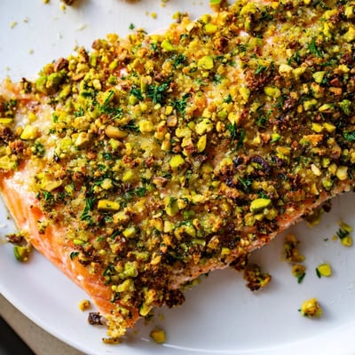 Perfectly baked maple pistachio salmon plated alongside roasted vegetables and fresh lemon wedges