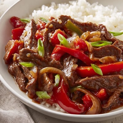 Juicy Slow Cooker Pepper Steak served over white rice and garnished with green onions