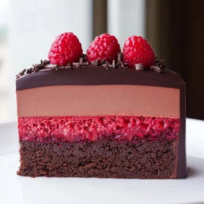 Decadent raspberry chocolate mousse cake topped with fresh berries and ganache