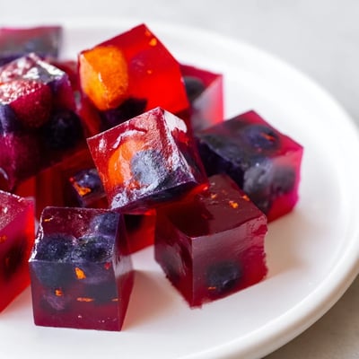 Wobbly collagen fruit jellies dotted with fresh berries on a white serving plate