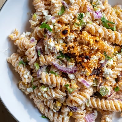 Charred corn and tangy lime dressing coat this vibrant Elote Street Corn Pasta Salad