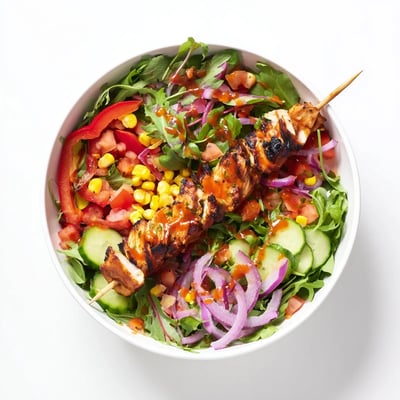 Juicy BBQ chicken skewer salad featuring crisp vegetables and tangy honey mustard dressing.